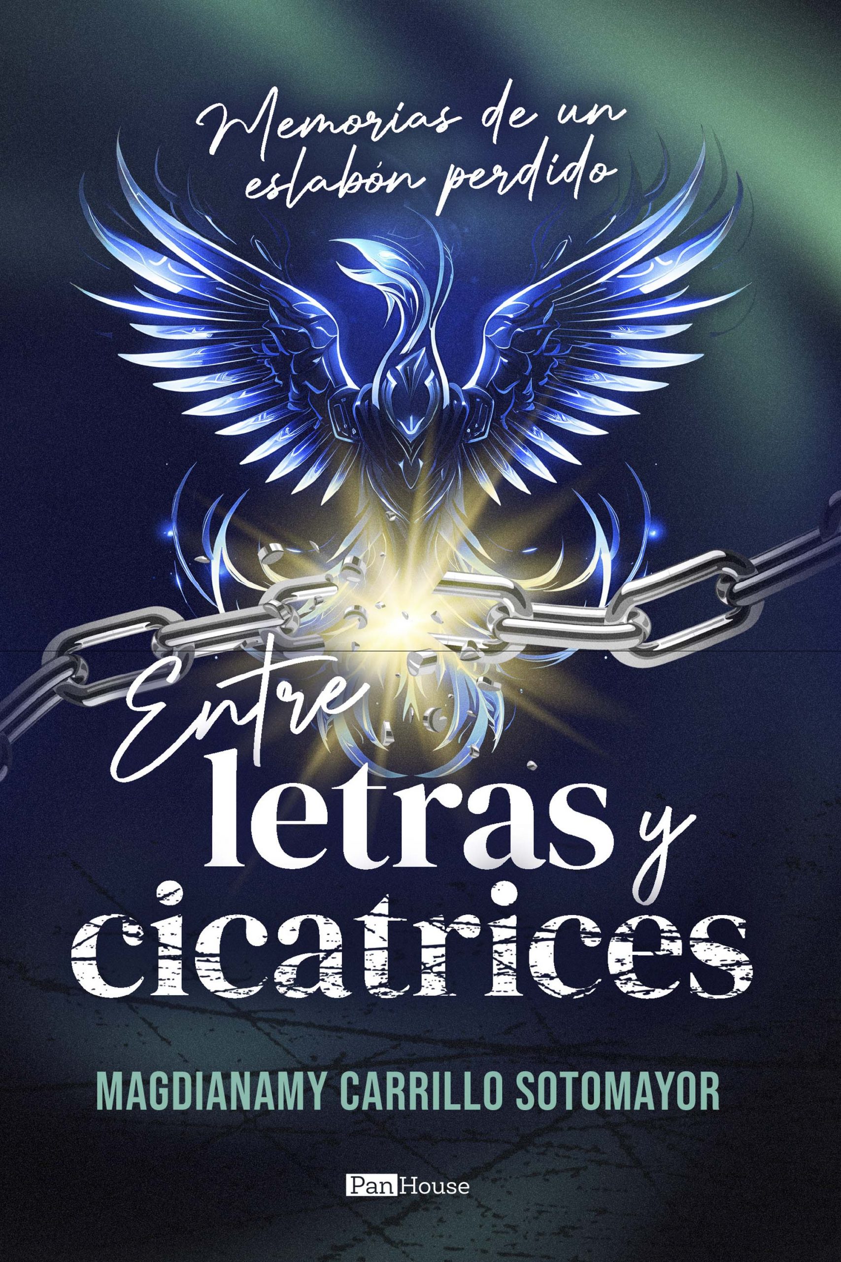The cover of Magdianamy Carrillo Sotomayor's memoir in Spanish. The cover features a blue bird breaking a chain above white lettering with the title of the book: "Entre Letras y Cicatrices"