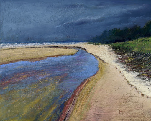 Three pastel landscapes with blue, purple, and cream colored hues by artist Harley Talkington